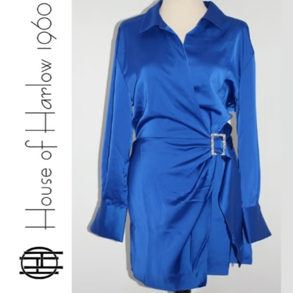 NWT House of Harlow 1960 Blue Satin True Wrap Dress Rhinestone Buckle Sz XL